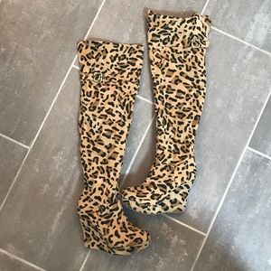 Leopard Print Wedged Heel Over The Knee Boots